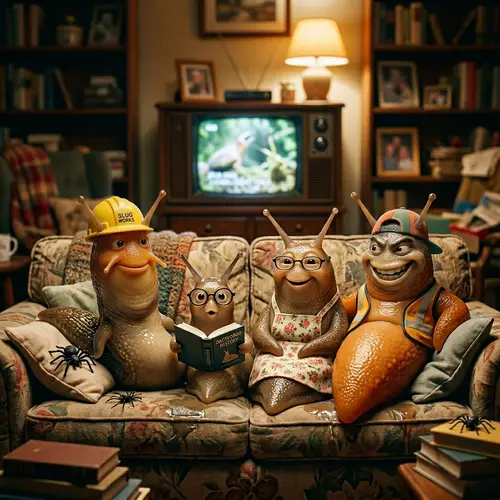 Slug Family Watching TV: Construction Dad, Studious Daughter, Prankster Son