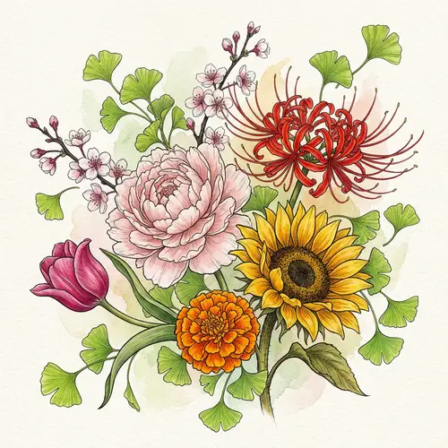Exquisite Flower Drawing with Peony, Sunflower, Spider Lily & More