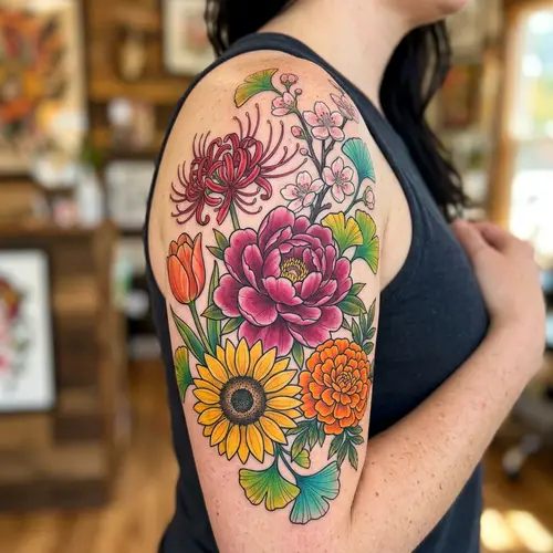 Vibrant Floral Tattoo with Peony, Sunflower, Lily Spider & More
