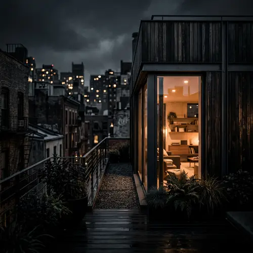 Cinematic Noir: Hidden Rooftop House at Night