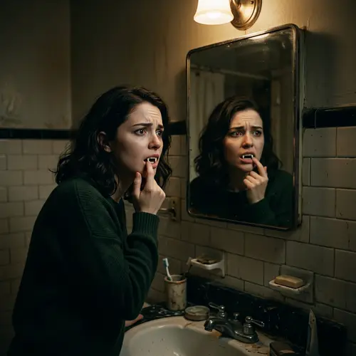Eerie Vampire Transformation in Dim Bathroom