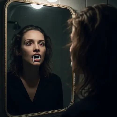 Eerie Vampire Transformation in Dim Bathroom