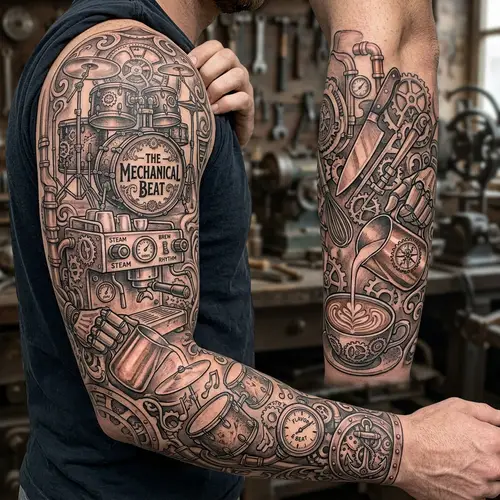 Steampunk Themed Tattoo Design with Music, Drums, Culinary, and Latte Art Elements