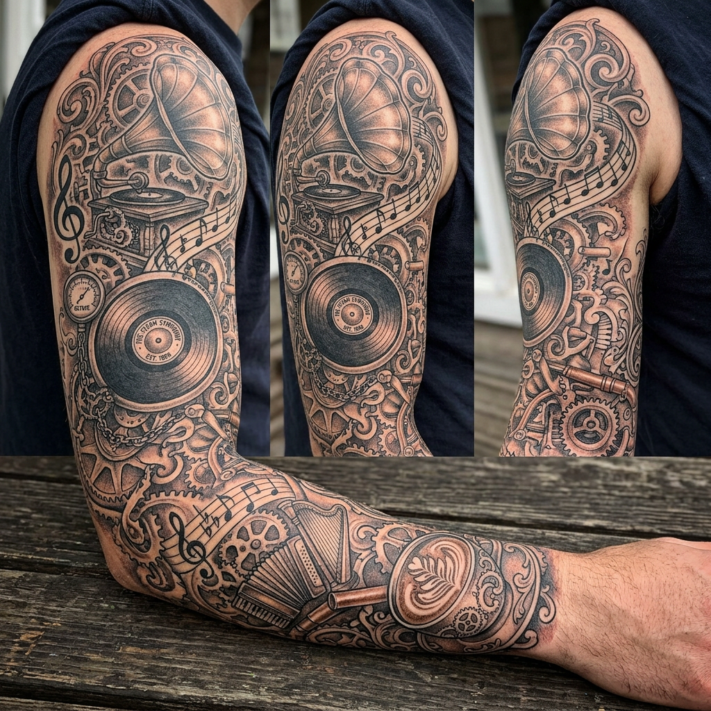 Steampunk Music & Latte Art Full-Arm Tattoo Design | AI Art