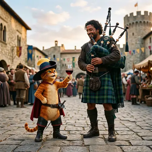 Puss in Boots and Bagpipe Player - Enchanting Duo in Wine-filled Adventure