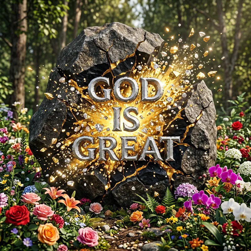 Hyper-Realistic 3D Stone Engraving: GOD IS GREAT Exuding Silver, Black, Gold, Diamonds & Flowers