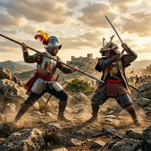 Spanish Soldier vs. Japanese Samurai - Battle on Rocky Ground