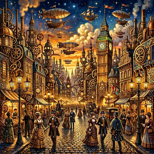 Enchanting Steampunk Cityscape at Dusk