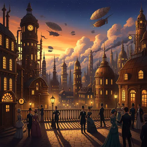 Enchanting Steampunk Cityscape at Dusk