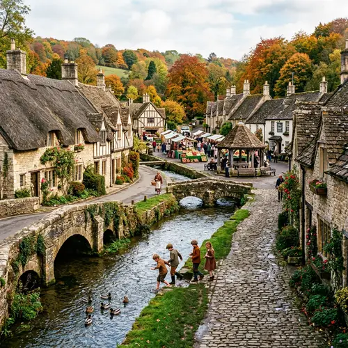 Charming Village with Cobblestone Streets and Thatched Roofs