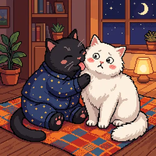 Cute 8-Bit Cats: Grooming Moments in Pajamas