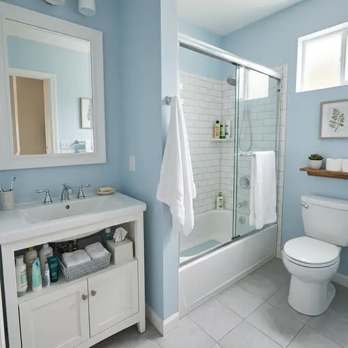Neatly Maintained Light-Blue Bathroom with Tub and Toilet