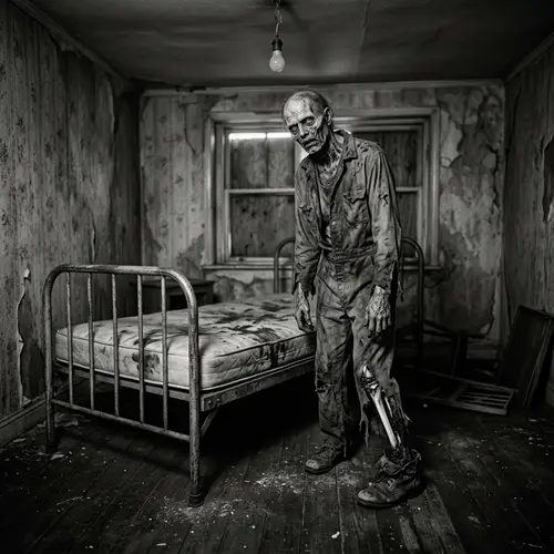 Decayed Zombie with Fractured Foot in Grayscale Room