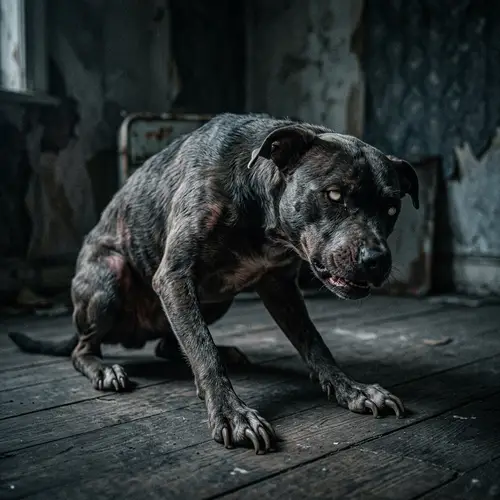 Eerie Psychological Horror Dog with Glowing Eyes Ready to Pounce