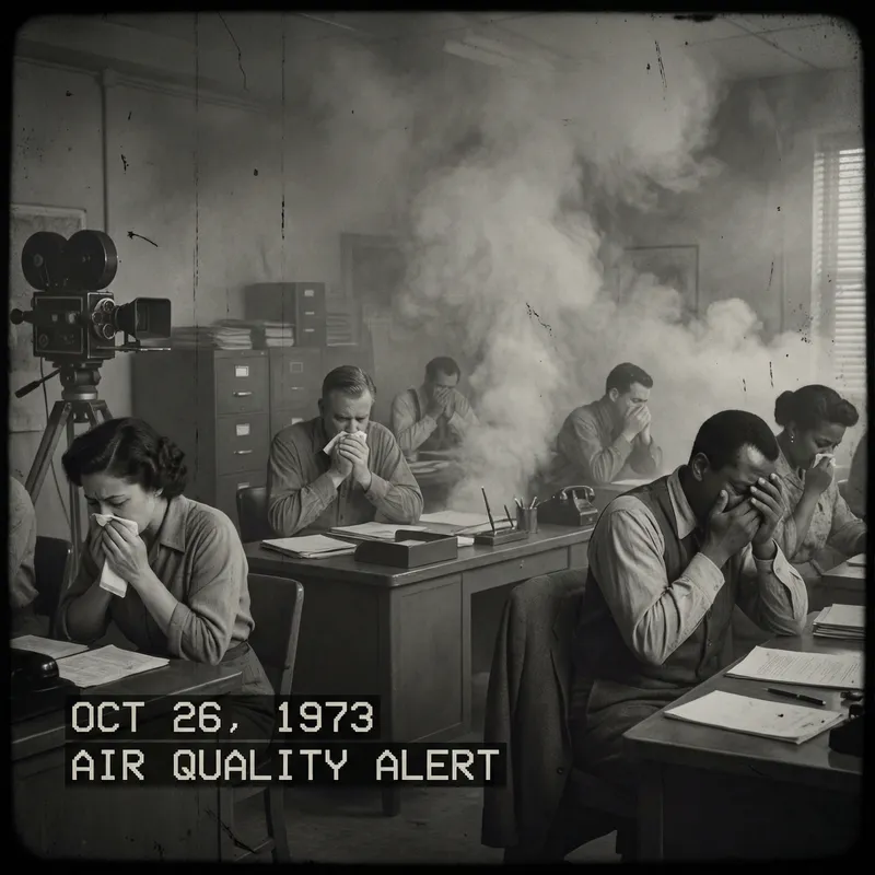Dark Smoke-Filled Office Scene | Vintage Documentary Style