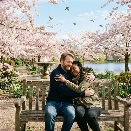 Abbraccio - A Heartwarming Embrace Under Cherry Blossom Trees