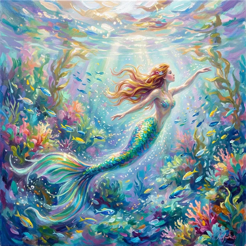 Surreal Underwater Mermaid Scene: Vibrant Colors & Elegance
