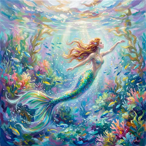 Surreal Underwater Scene: Mermaid Swimming in Impressionistic Style