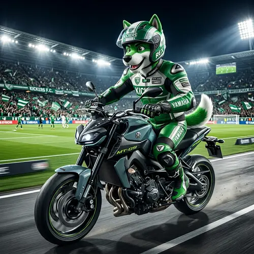 Green and White Soccer Team Mascot Riding Yamaha MT-09 Motorcycle