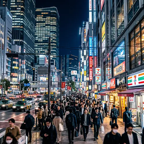 Bustling Night Pedestrian Sidewalk Among Skyscrapers