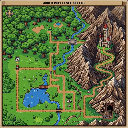 Retro Pixelated Level Selector Map: Adventure in Pixel Art Aesthetic