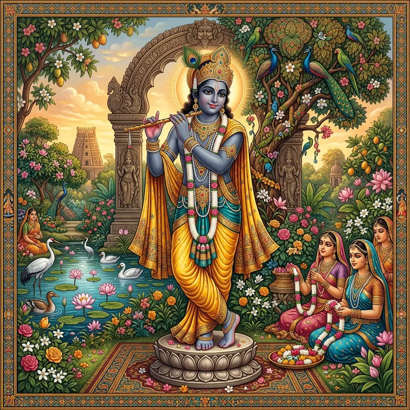 Mythological Representation of Krishna in Serene Indian Art Style