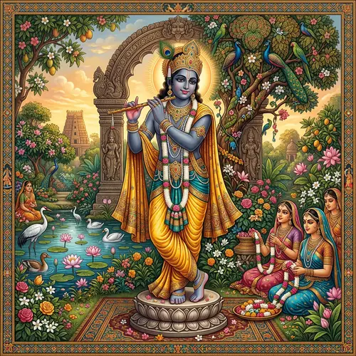Divine Depiction of Krishna in Traditional Indian Art Style