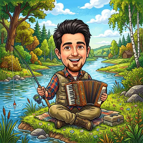 Cartoon Caricature of a Fisherman with an Accordion