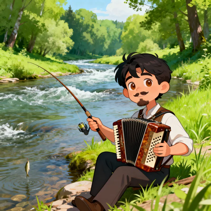 Cartoon Caricature of a Fisherman with an Accordion