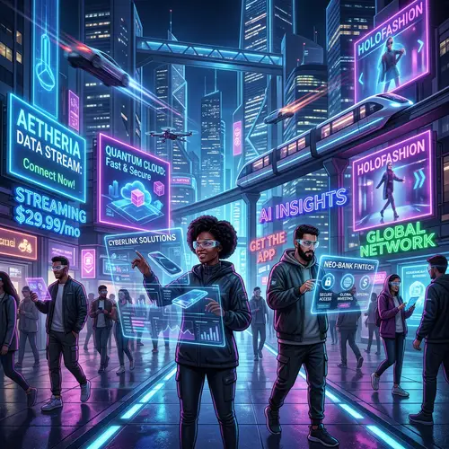 Futuristic Digital Marketing Scene with Neon Holographic Billboards