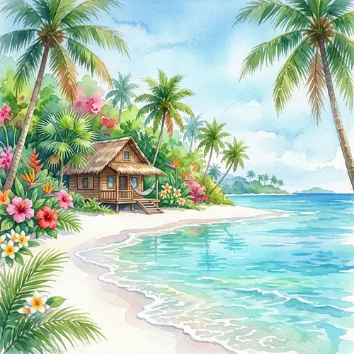 Tranquil Tropical Paradise Watercolor Painting