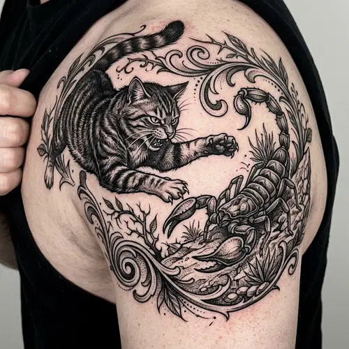 Fierce Cat vs. Scorpion Tattoo Design