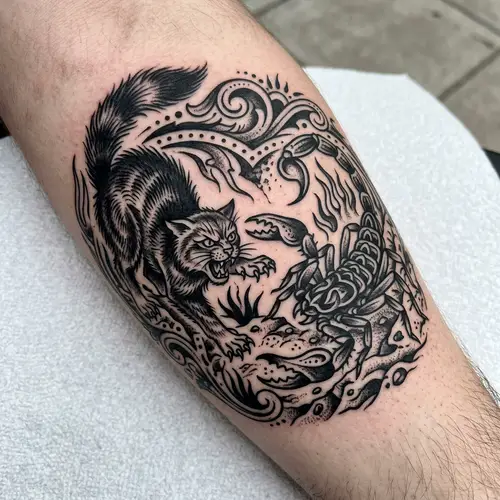 Intricate Cat and Scorpion Combat Tattoo Design