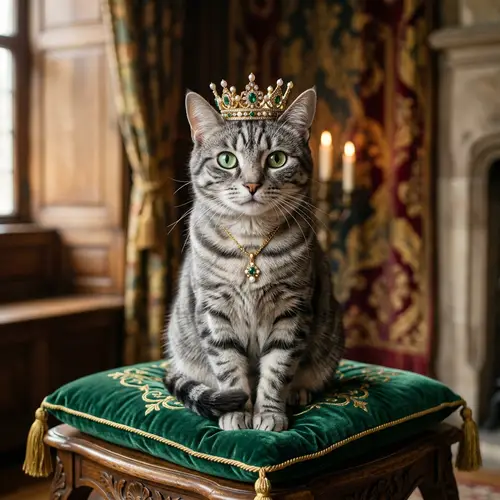 Princess Cat: Gray Tabby with Green Eyes and Crown