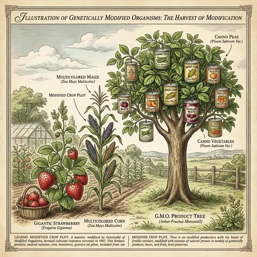 Creative GMO Products Illustration: Tree with Modified Fruits