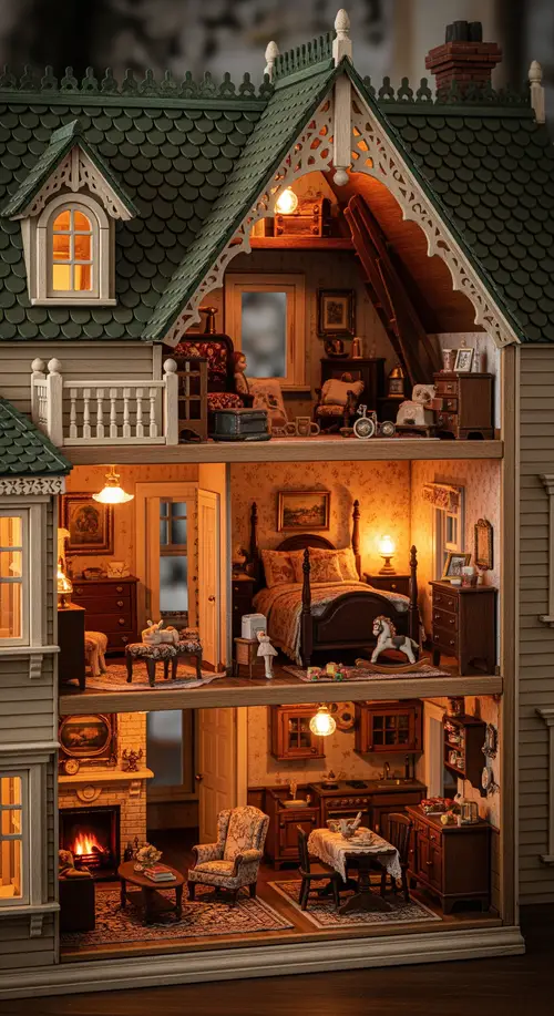 Whimsical Dollhouse with Open Rooms and Soft Lighting