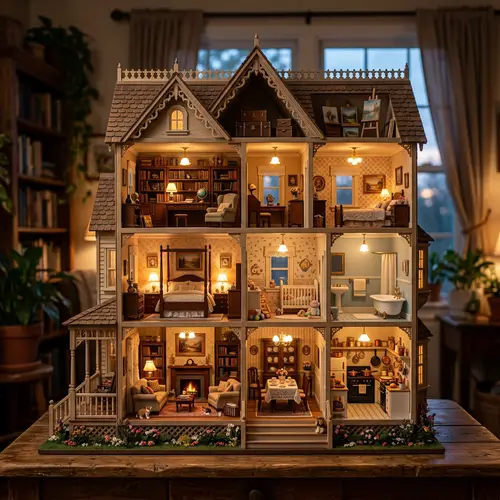 Whimsical Dollhouse with Open Rooms and Soft Lighting