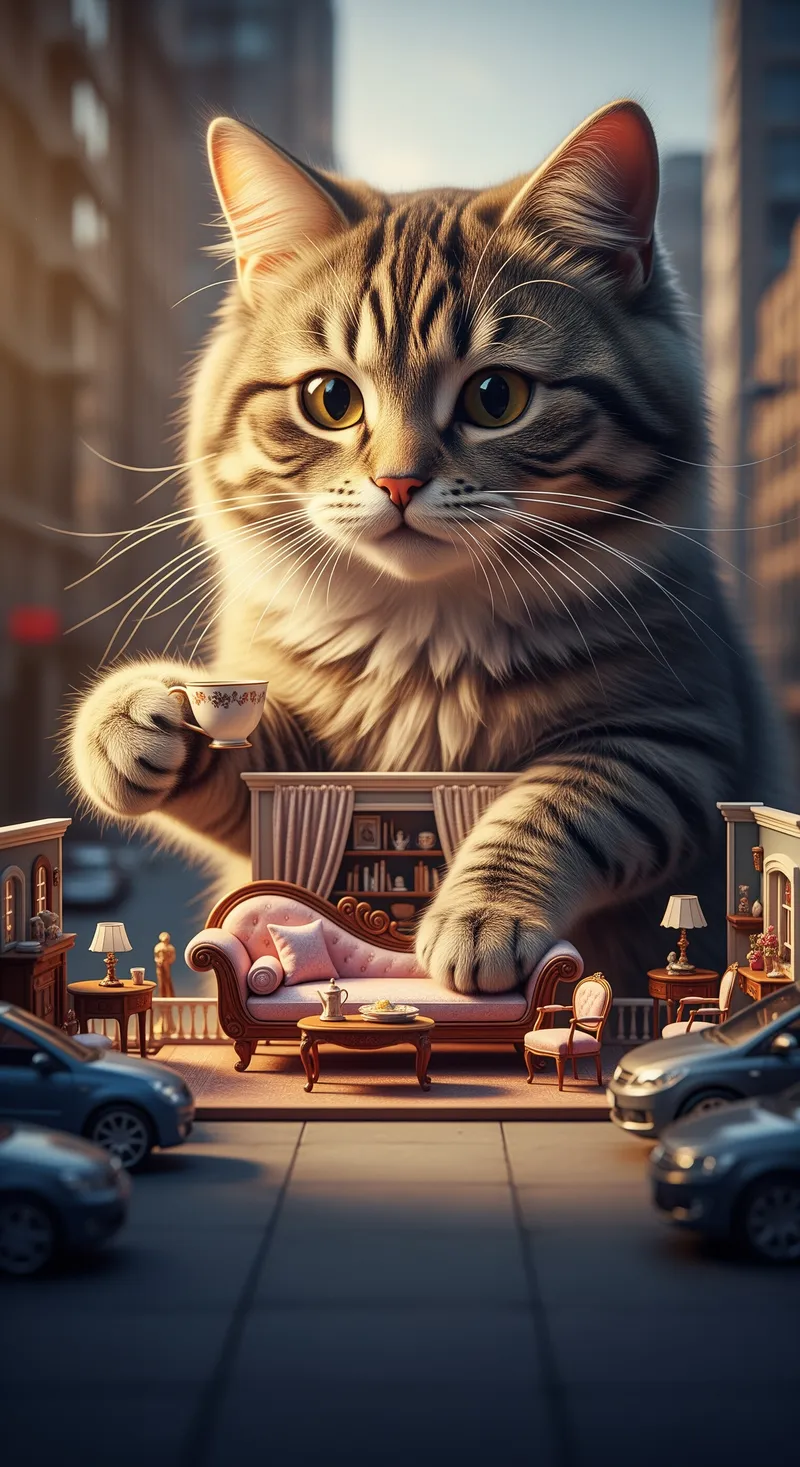 Giant Cat on Dollhouse Couch: Hyper-Realistic Art