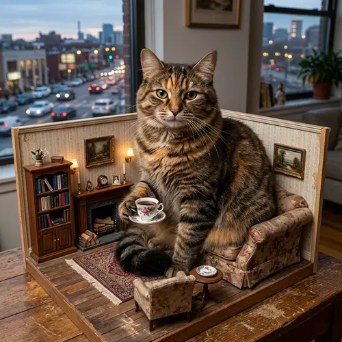 Giant Cat on Dollhouse Couch: Hyper-Realistic Art
