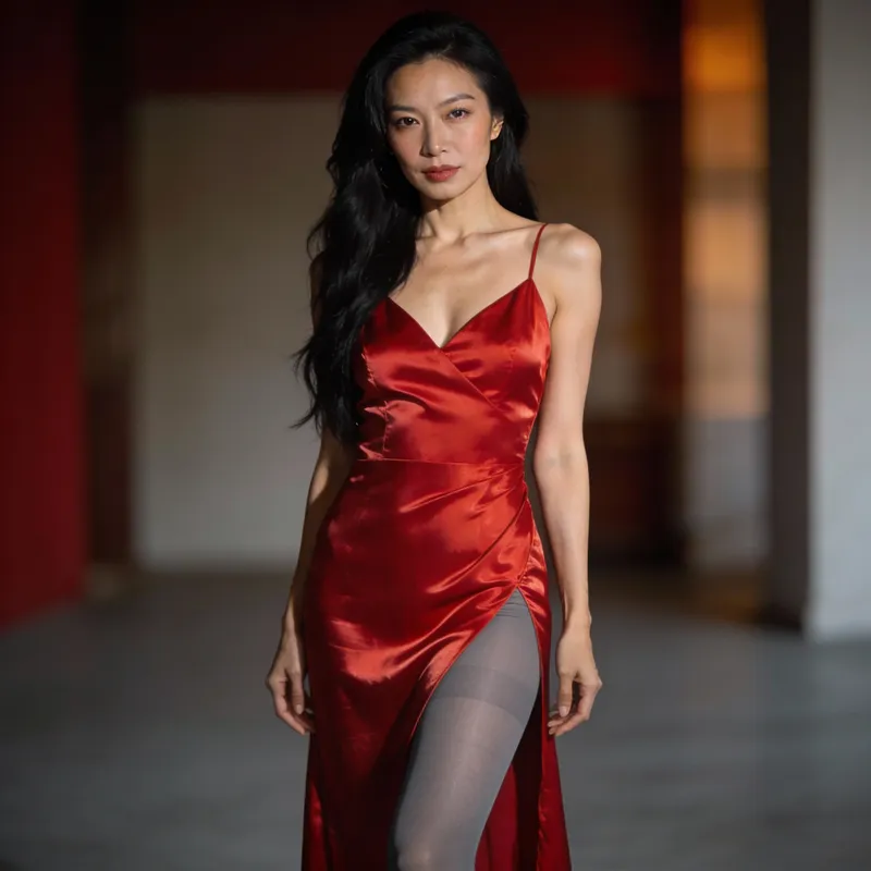 Sleek Satin Style: Vietnamese Woman in Red Dress