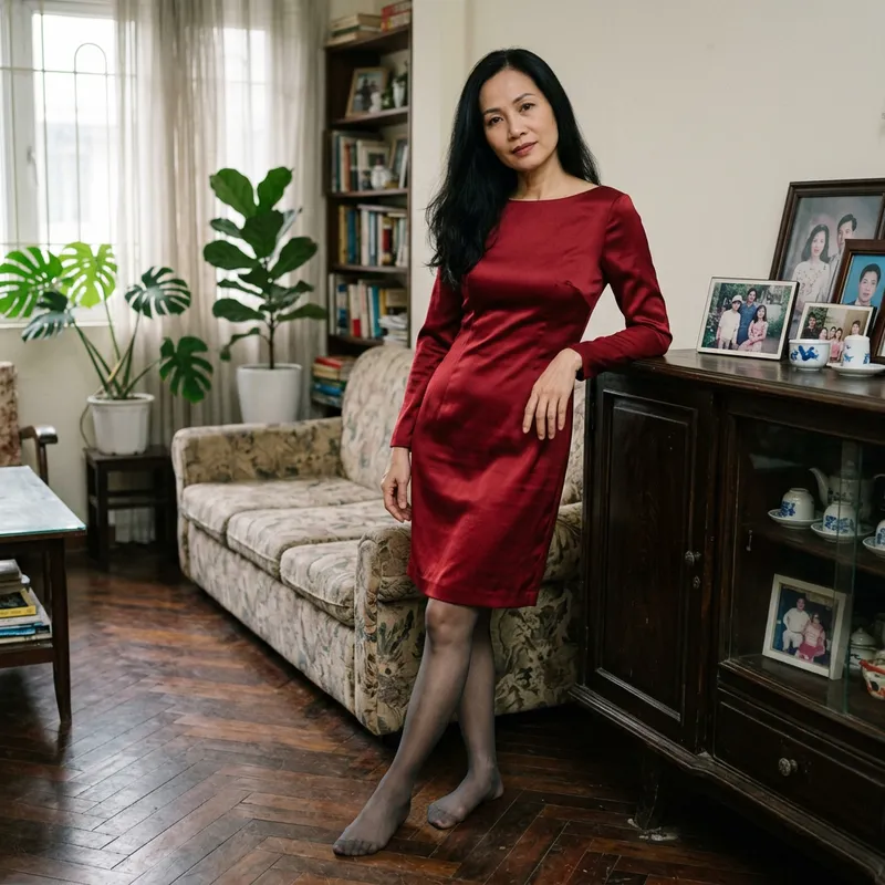 Sleek Satin Style: Vietnamese Woman in Red Dress Sleek Satin Style: Vietnamese Woman in Red Dress