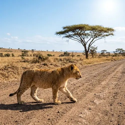 Lion Cub Walking Down a Sunny Road