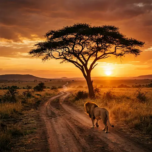 Majestic Lion on a Dusty African Road at Sunset