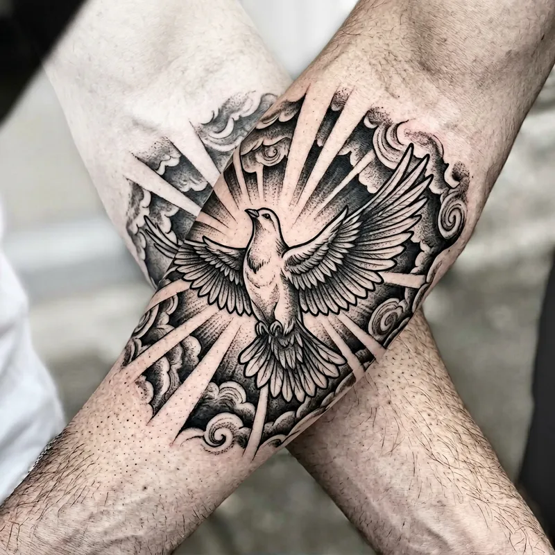 Black and White Dove Tattoo in Sky with Streaming Light Rays