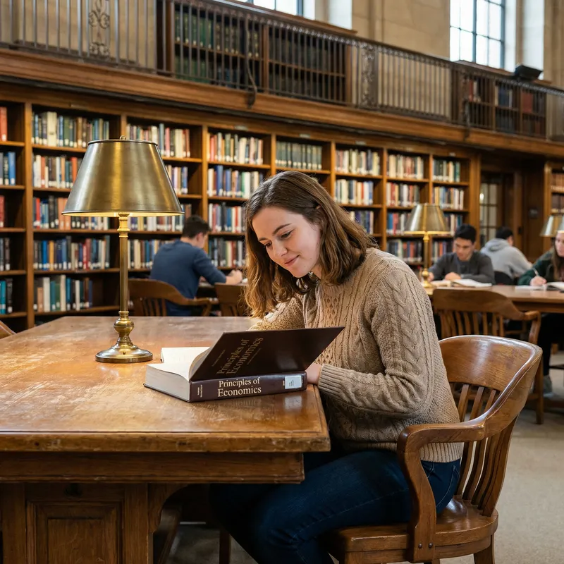 Beautiful Brown-Haired Girl Studying in Serene Library Setting