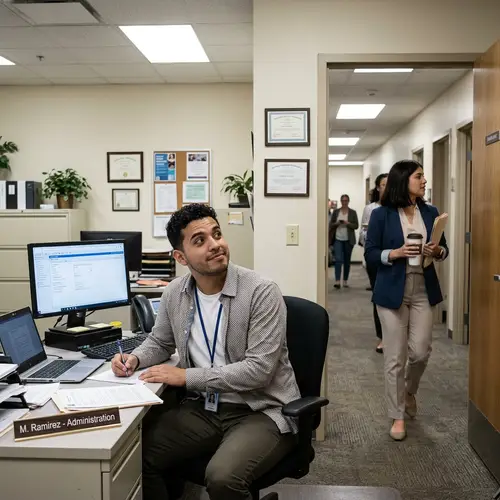 Hispanic Man's Curiosity at Institution's Corridors