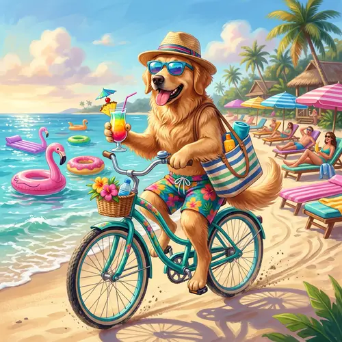 Joyful Dog in Stylish Attire Riding Cruiser Bike at Tropical Beach Resort