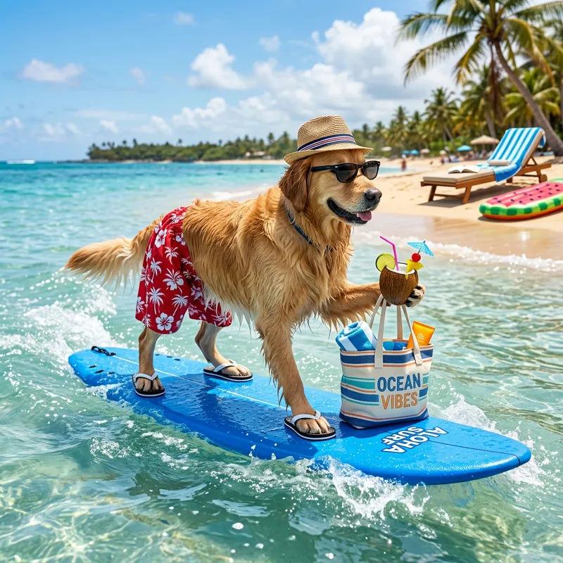 Dog Surfing in Red Swimwear with Cocktail and Beach Accessories