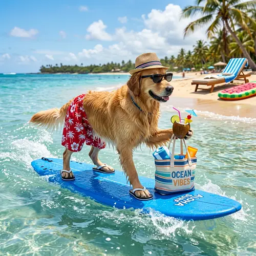 Dog Swimming on Surfboard with Cocktail and Beach Gear