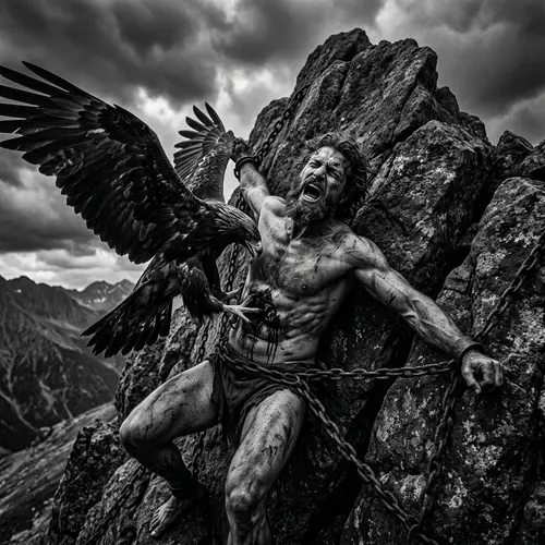 Prometheus Chained to Rock: Intense Black & White Sculpture Image